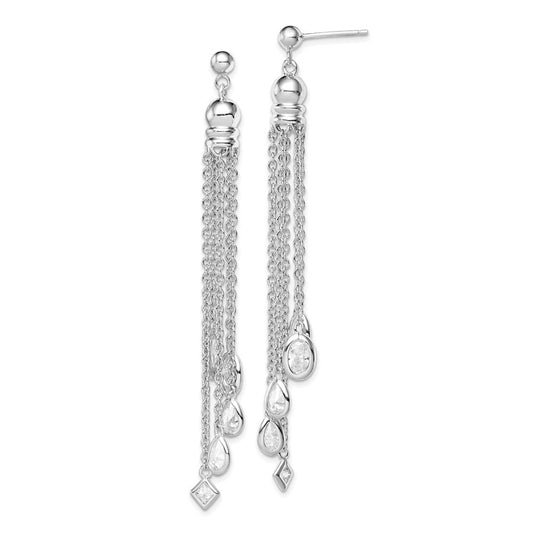 Sterling Silver RH-plated Polished CZ & Multi-Chain Dangle Earrings