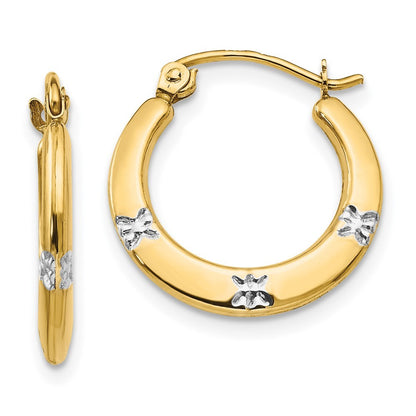 14k Yellow Gold w/Rhodium Flowers Hollow Hoop Earrings