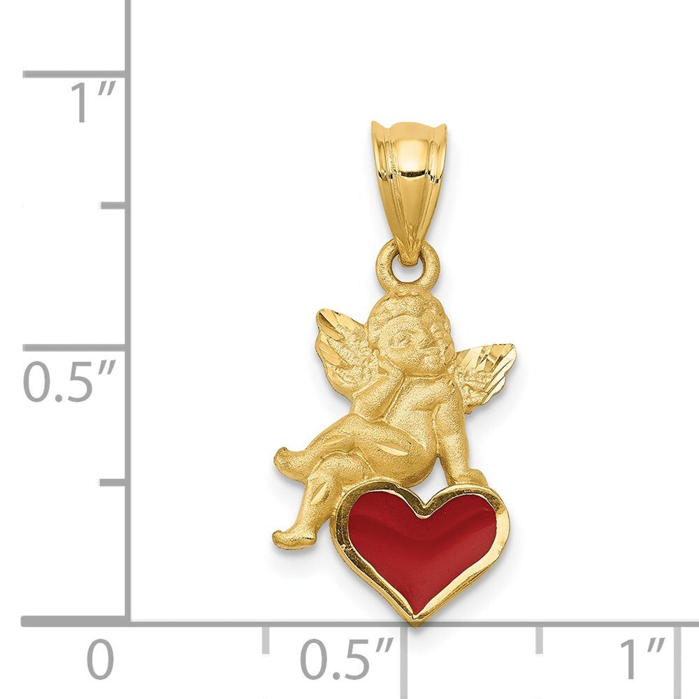 14k Yellow Gold Enameled Angel on Heart Pendant for Women