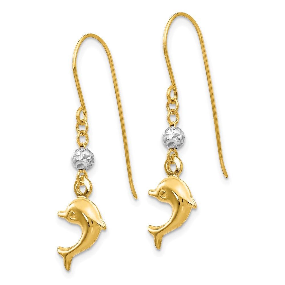 14K Two Toned Puffed Dolphin Drop Dangle Earrings w/ Shepherd Hook