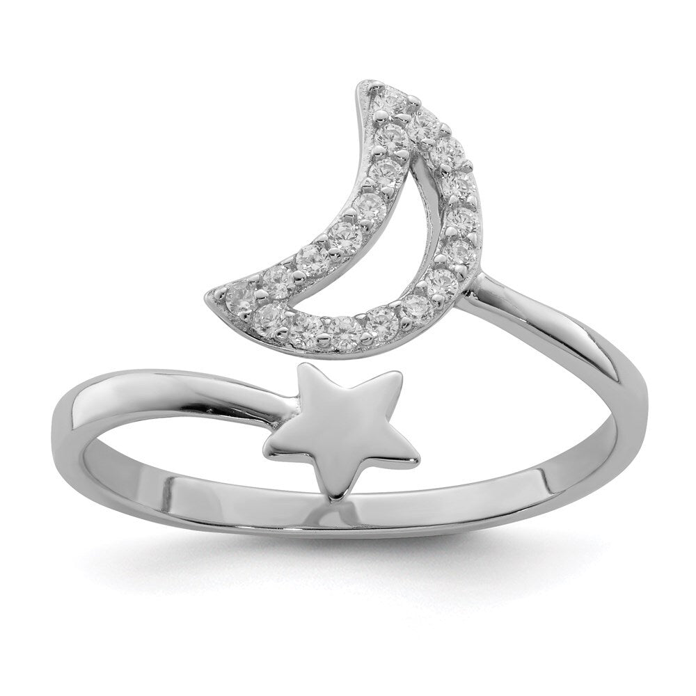 Sterling Silver Rhodium-plated Cubic Zirconia Moon and Star Ring Size 7