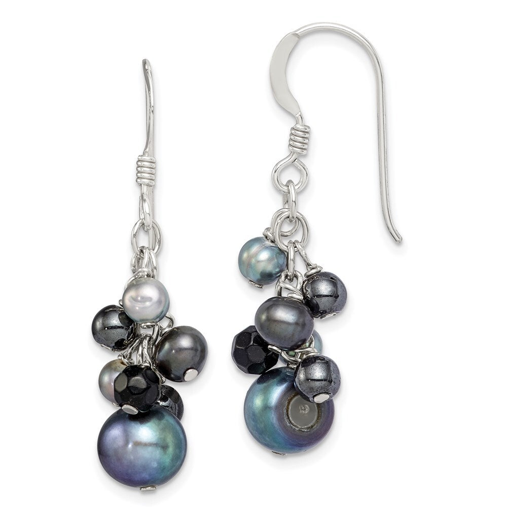 Sterling Silver Polished Black & Grey Cultured Pearls & Onyx Dangle Earrings