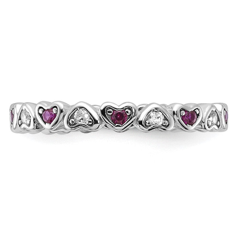 SS Rhodium-plated .14Lab Cr. Ruby and .27Cr. Wh Sapphire Heart Ring Size 7
