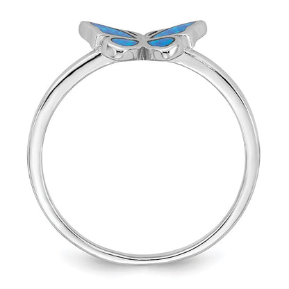 Sterling Silver Rhodium-plated  Blue Lab Created Opal Butterfly Size 6 Ring