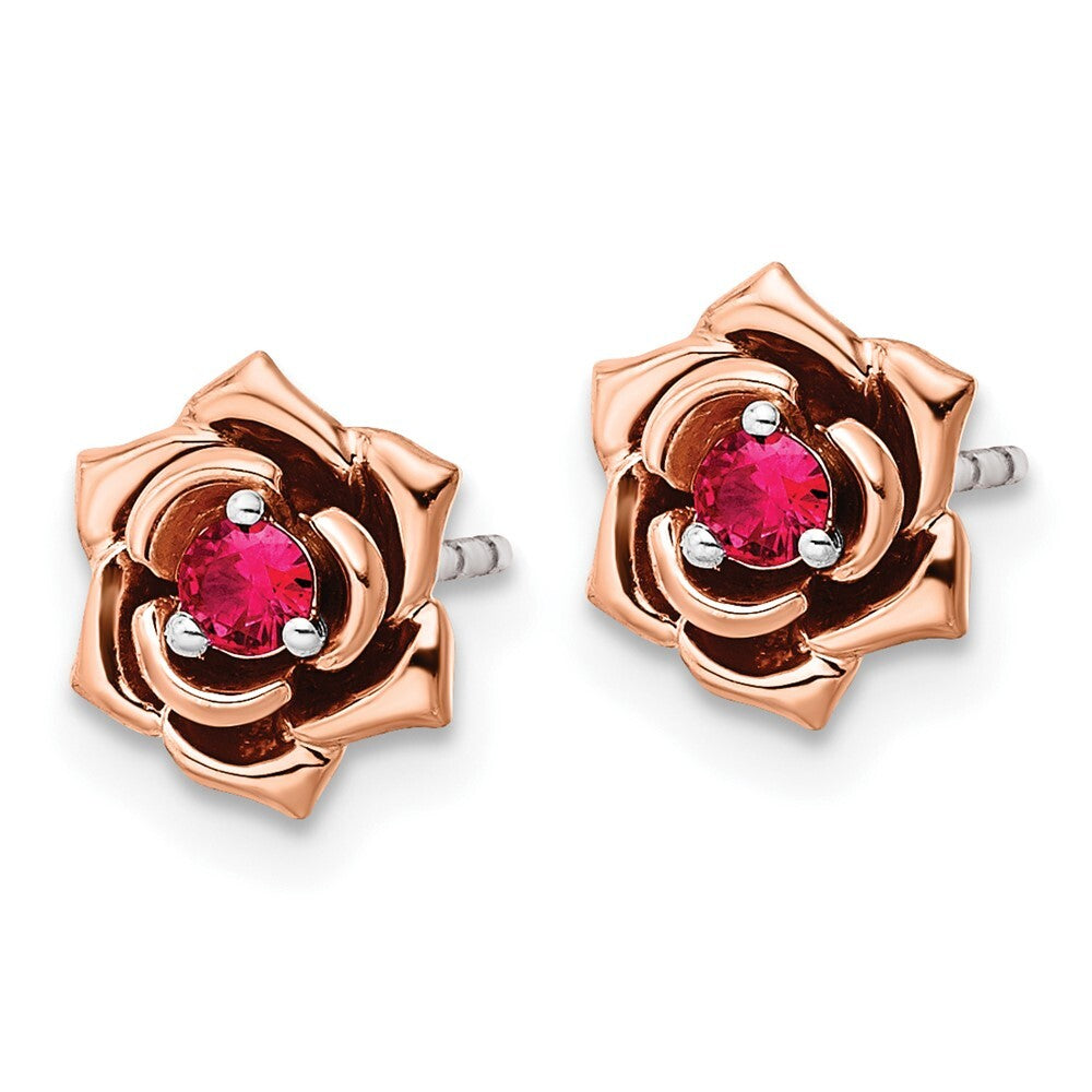 14K Two-tone White & Rose Ruby Flower Stud Earrings