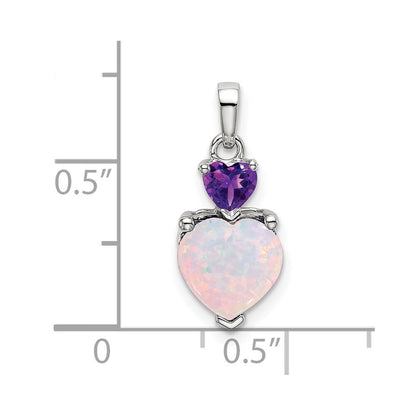 14k White Gold Heart Created Opal and Amethyst Pendant for Women