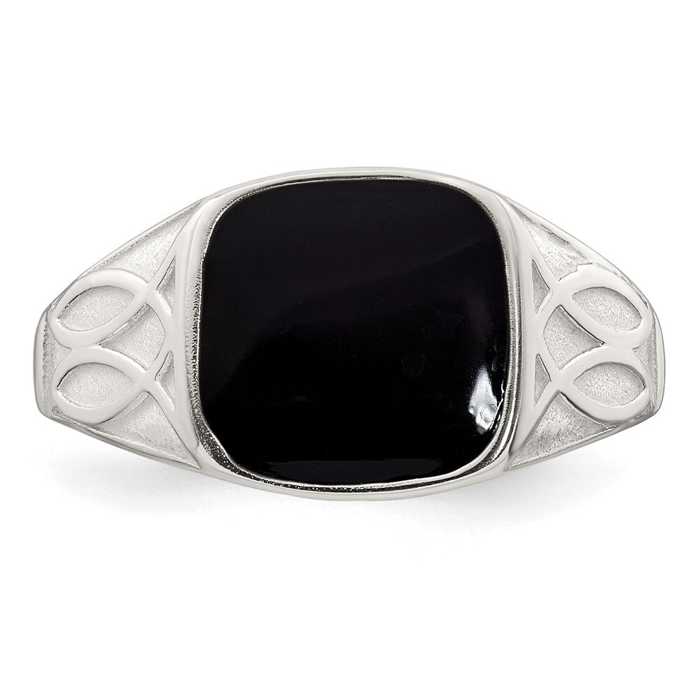 Sterling Silver Polished and Textured Black Enamel Men's Signet Ring Size 11