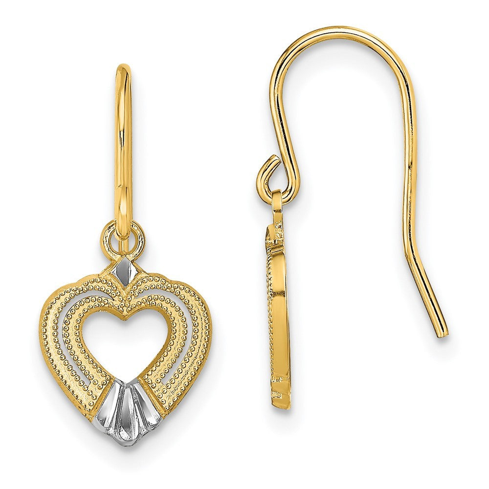 14k Yellow Gold w/White Rhodium Polished Heart Shepherd Hook Earrings