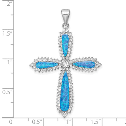 Sterling Silver Blue Created Opal & Cubic Zirconia Border Cross Pendant
