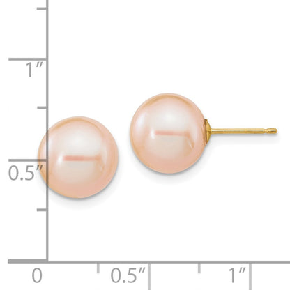 14k Yellow Gold 10-11mm Pink Round Freshwater Cultured Pearl Stud Earrings