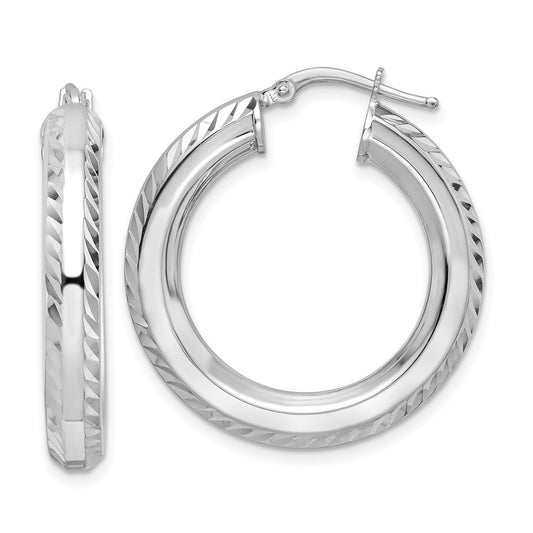 Sterling Silver Rhodium-plated 5x30mm Diamond-Cut Octagon Tube Hoop Earrings