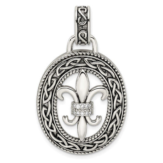 Sterling Silver Cubic Zirconia Antiqued Filigree Fleur de Lis Pendant