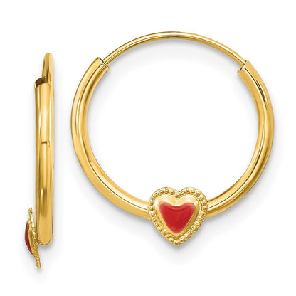 14k Yellow Gold Polished Red Enameled Heart Hoops Gift for Women