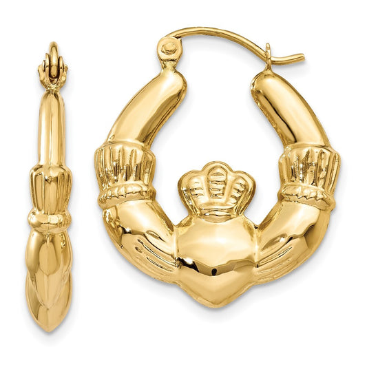 14k Yellow Gold Polished Claddagh Hoop Earrings Gift for Women