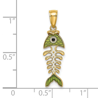 14k Yellow Gold 3D Green Enamel Fish Bone Charm Pendant for Women