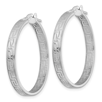 Sterling Silver RH-plated Polished Textured Greek Key Hoop Earrings
