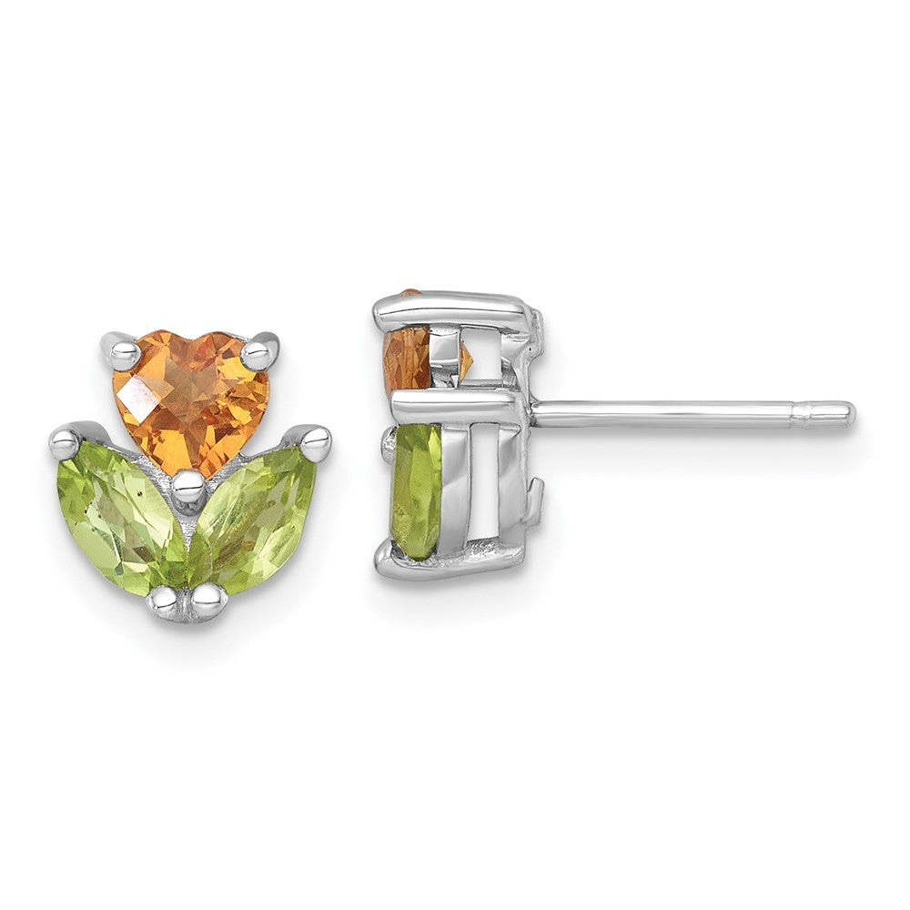 Sterling Silver Polished Heart Citrine and Peridot Flower Earrings