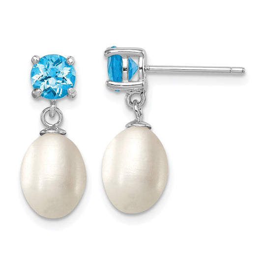Sterling Silver 7-8mm Freshwater Cultured Pearl & Blue Topaz Dangle Earrings
