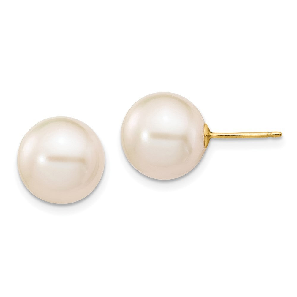 14k Yellow Gold 10-11mm White Round Freshwater Cultured Pearl Stud Earrings