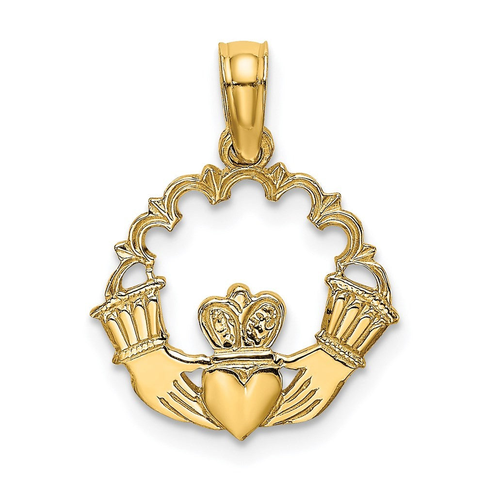14k Yellow Gold Engraved Claddagh In Scallop Circle Charm Pendant