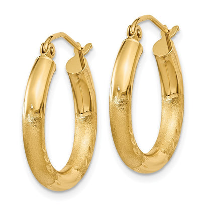14k Yellow Gold Satin and Diamond-cut 3mm Round Hoop Earrings