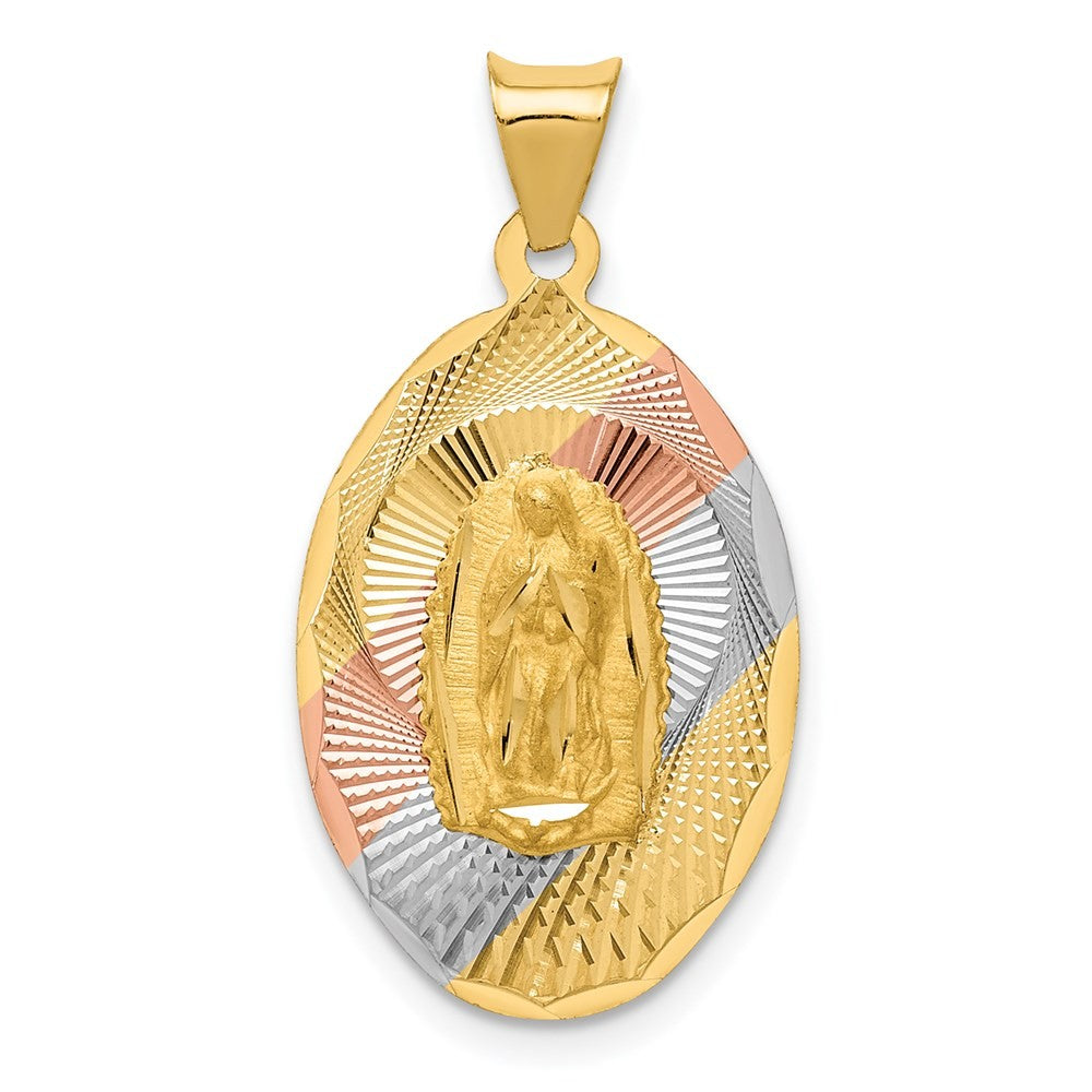 14k Yellow Gold w Rhodium Diamond-Cut Lady Of Guadalupe Oval Pendant