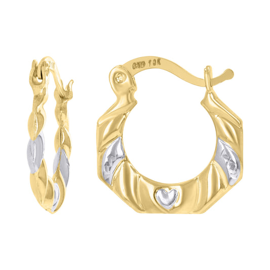 10k Gold Two-Tone Diamond-cut Octagon Heart Embossed Hinged Huggie Hoop Earrings