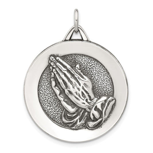 Sterling Silver Antiqued Solid Praying Hands Serenity Prayer Pendant