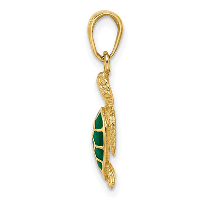 14k Yellow Gold Green Enameled Sea Turtle Pendant for Women