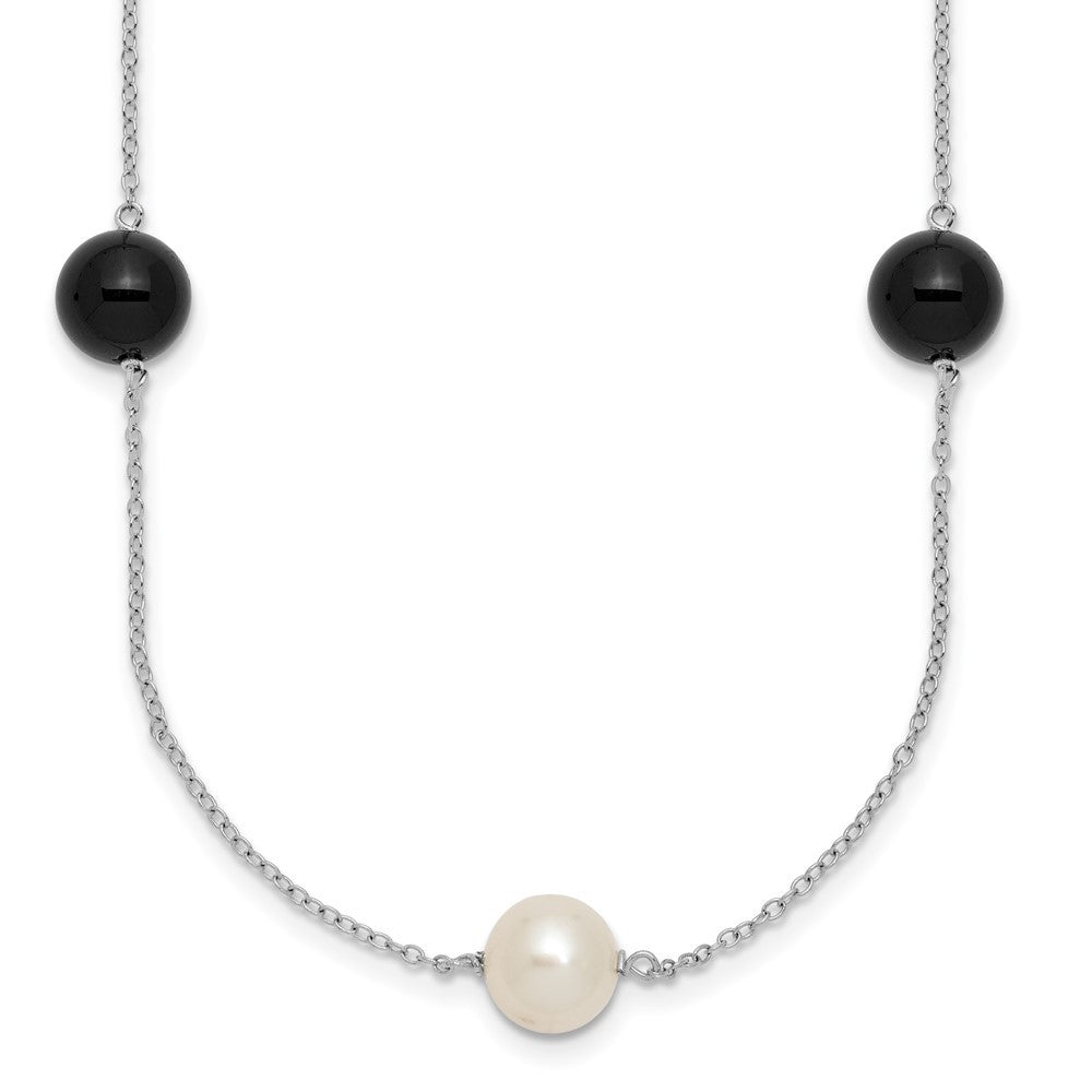 Sterling Silver Rhodium-plated 8mm Cultured Pearl & Onyx 7-Station 18" Necklace