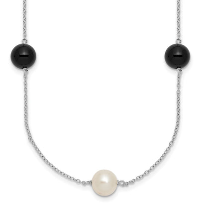 Sterling Silver Rhodium-plated 8mm Cultured Pearl & Onyx 7-Station 18" Necklace