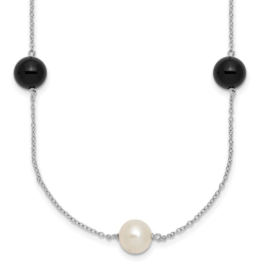 Sterling Silver Rhodium-plated 8mm Cultured Pearl & Onyx 7-Station 18" Necklace