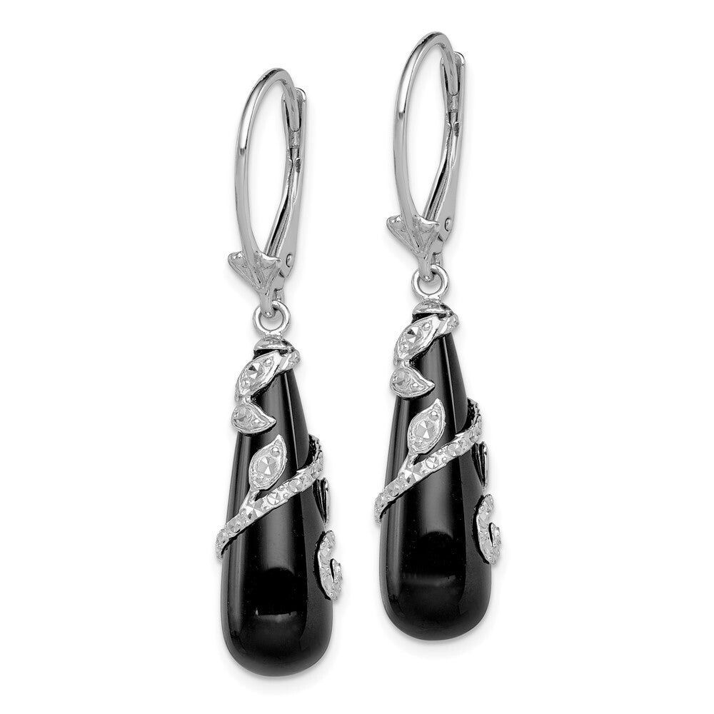 Sterling Silver Polished & Diamond-cut Wrapped Onyx Teardrop Dangle Earrings