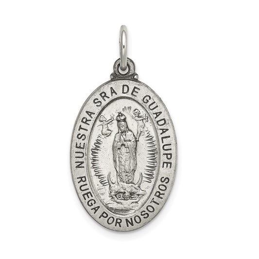 Sterling Silver Satin Antiqued Spanish Lady of Guadalupe Medal Pendant Pendant