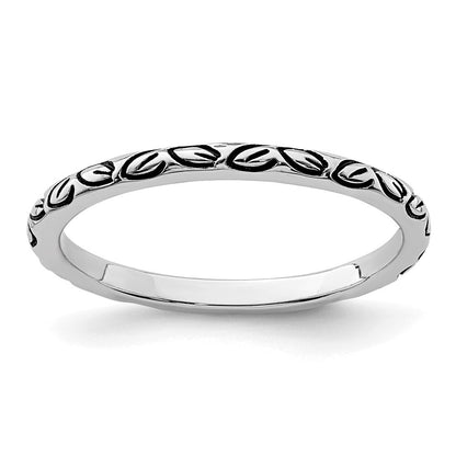 Sterling Silver Rhodium-plated Antiqued Leaf Band Size 6