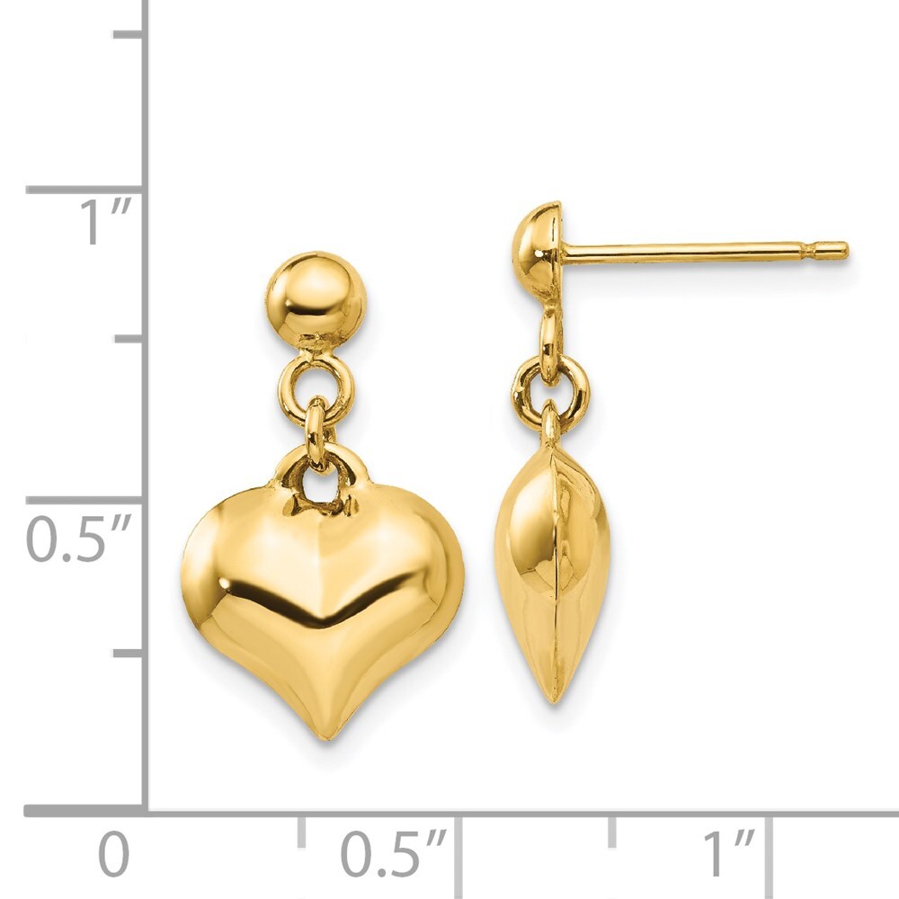 14k Yellow Gold Polished Puffed Heart Dangle Earrings Gift for Women