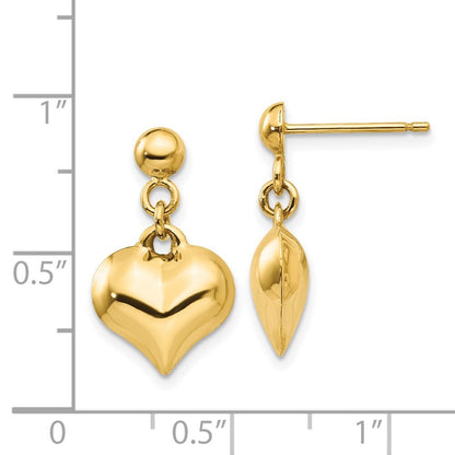 14k Yellow Gold Polished Puffed Heart Dangle Earrings Gift for Women