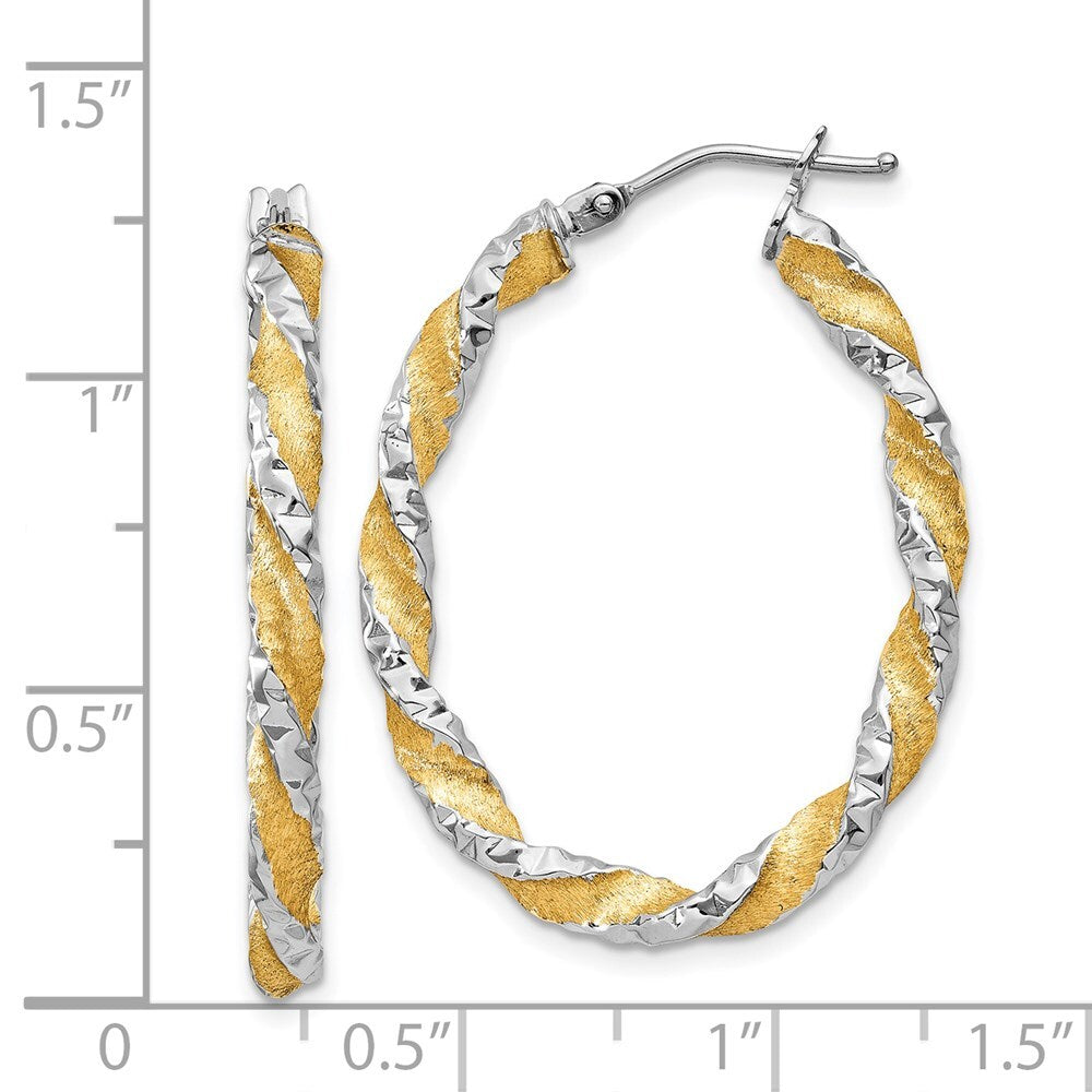 14k White Gold & Yellow Rhodium Twisted Diamond-Cut Oval Hoop Earrings