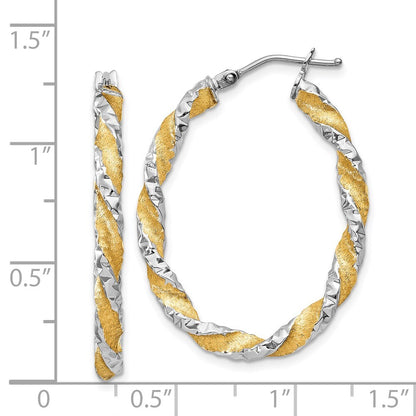 14k White Gold & Yellow Rhodium Twisted Diamond-Cut Oval Hoop Earrings