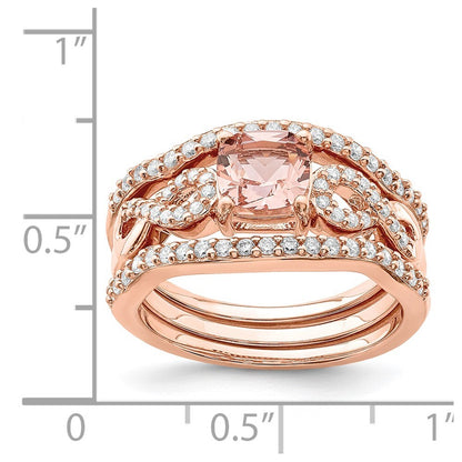 Sterling Silver Rose-tone 3 Piece Pink Crystal and Cubic Zirconia Ring Set SZ 8