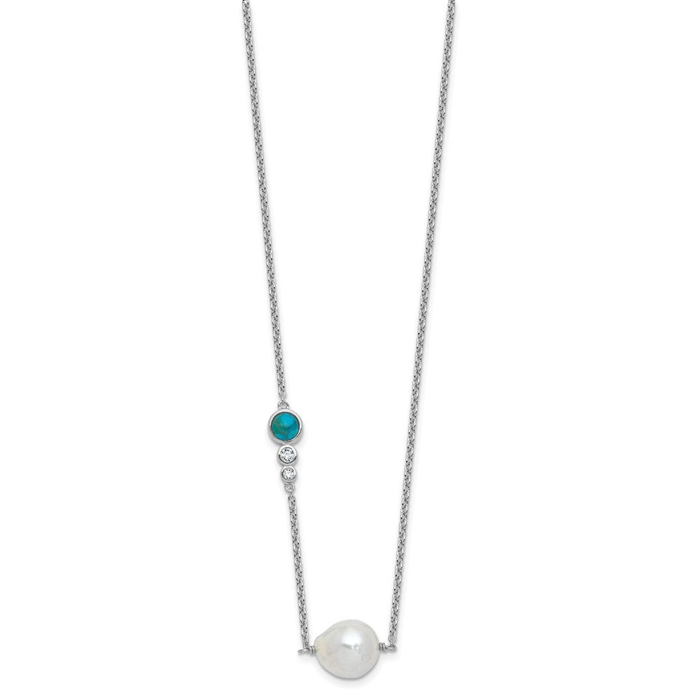 Sterling Silver CZ, Turquoise & Freshwater Cultured Pearl Necklace 16" w/ 2" Ext