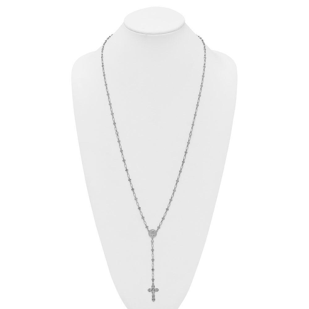 Sterling Silver Polished Cubic Zirconia Diamond-cut Cross Rosary Necklace 30.5"
