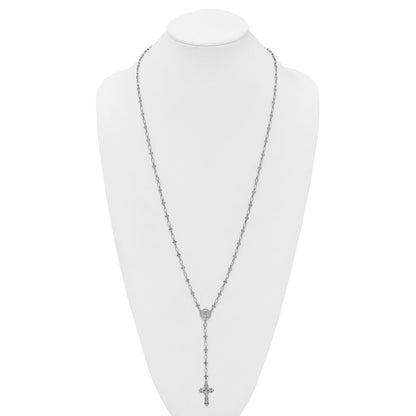 Sterling Silver Polished Cubic Zirconia Diamond-cut Cross Rosary Necklace 30.5"