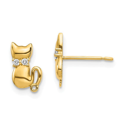 14k Yellow Gold Sitting Cat Cubic Zirconia Bowtie Stud Earrings Gift for Women