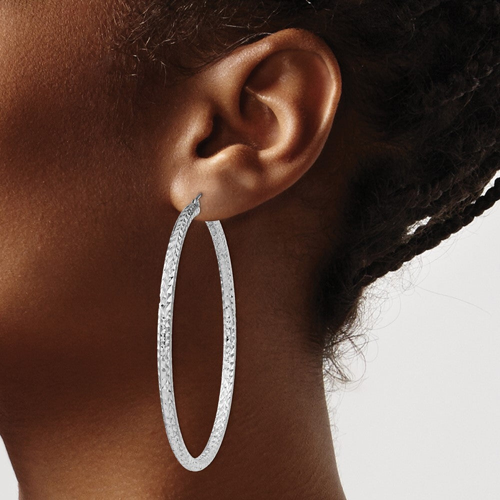 Sterling Silver Rhodium-plated Diamond-cut 3x60mm Hoop Earrings