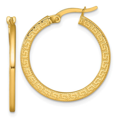14k Yellow Gold Polished 1.5 x 24mm Textured Greek Key Hoop Earrings
