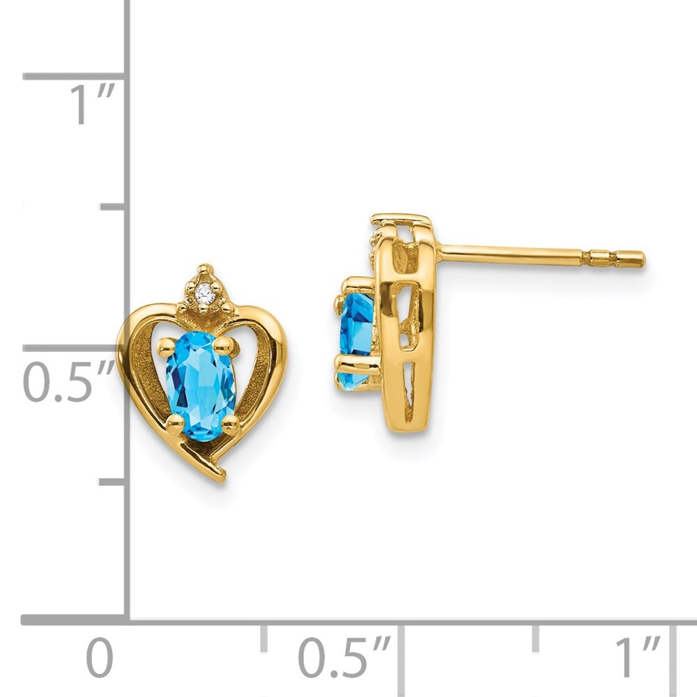 14k Yellow Gold Blue Topaz and Diamond Heart Stud Earrings Gift for Women