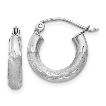 14k White Gold Satin and Diamond-cut 3mm Round Hoop Earrings Gift for Women