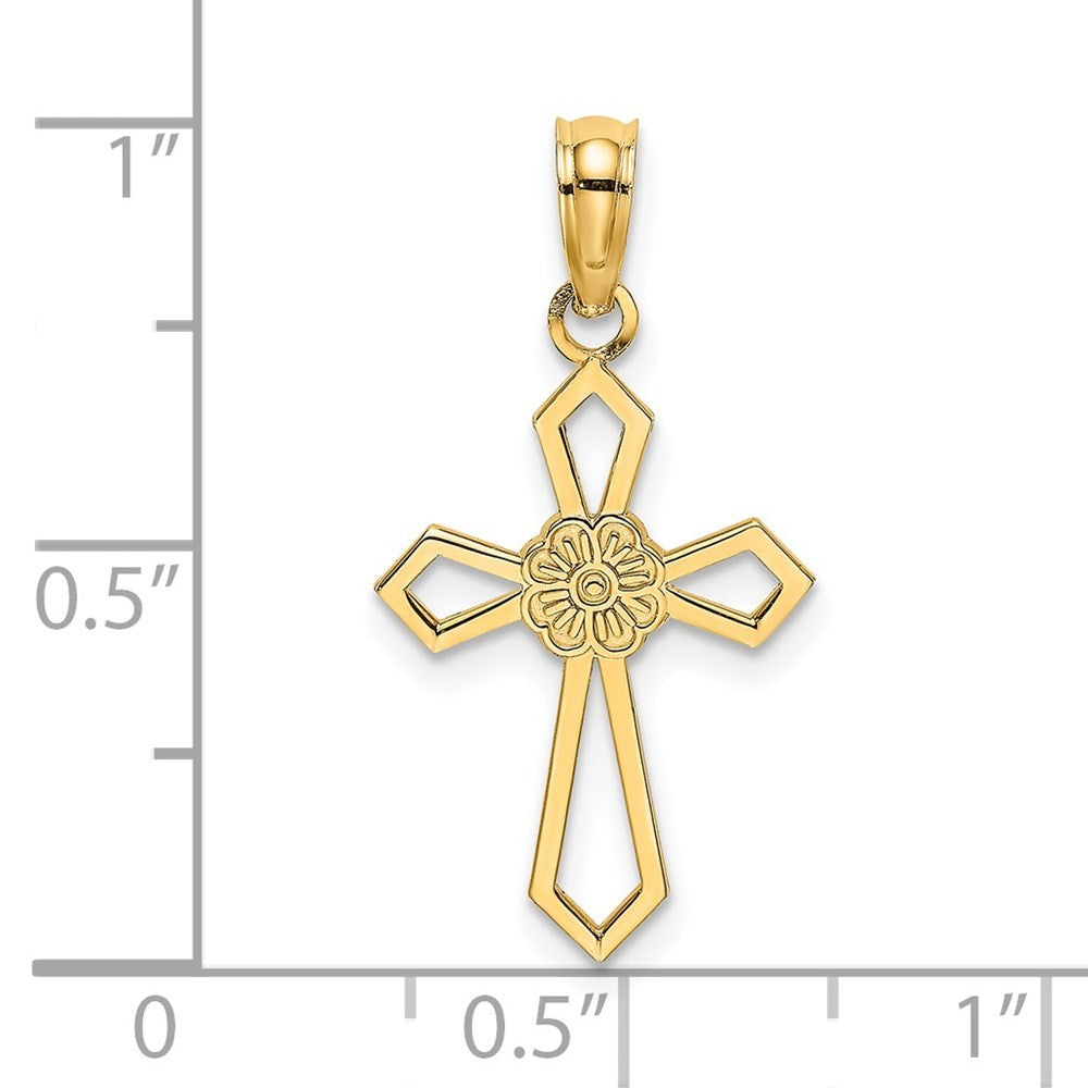 14k Yellow Gold Cut-Out and Flat Cross W/ Flower Charm
