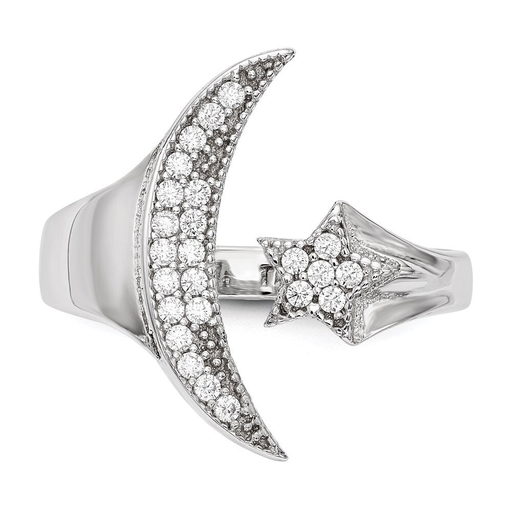 Sterling Silver Rhodium-plated Cubic Zirconia Moon w/Star Polished Ring Size 6